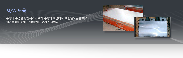 M/W 도금 : 주형의 수명을 향상시키기 위해 주형의 표면에 Ni-B 합금도금을 하여 원가절감을 꾀하기 위해 하는 전기 도금이다.